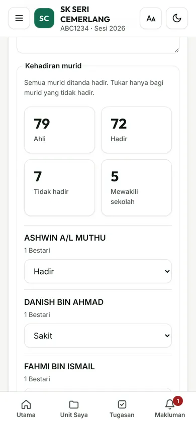 Buku laporan perjumpaan unit di telefon, dengan senarai kehadiran murid.