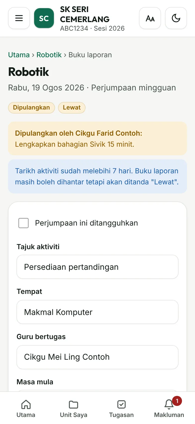 Borang buku laporan di telefon