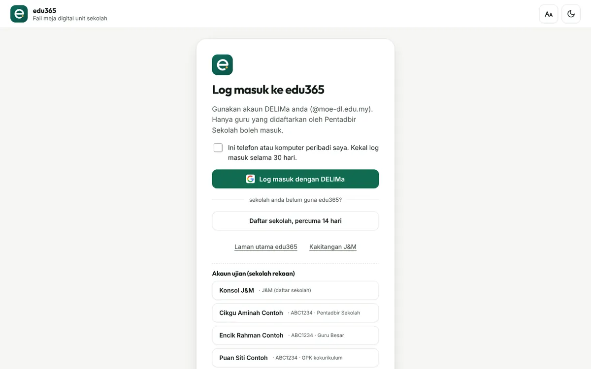 Halaman log masuk edu365 dengan butang Log masuk dengan DELIMa