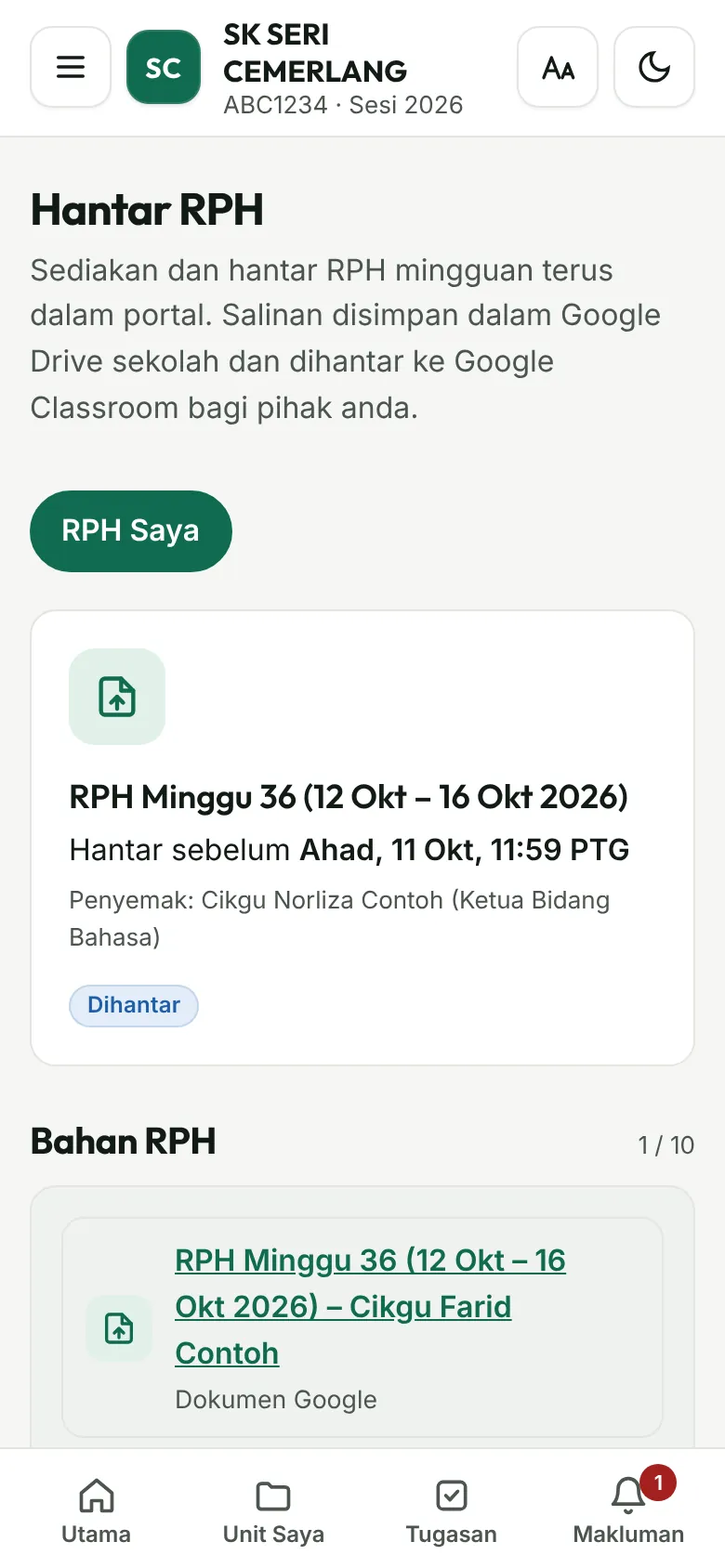 Halaman Hantar RPH di telefon dengan bahan RPH minggu ini dan status Dihantar