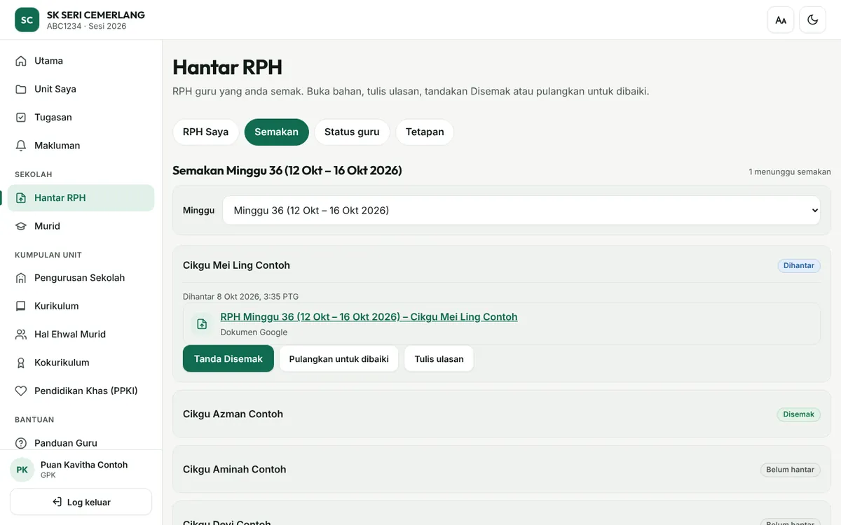Tab Semakan RPH dengan senarai guru dan butang Tanda Disemak