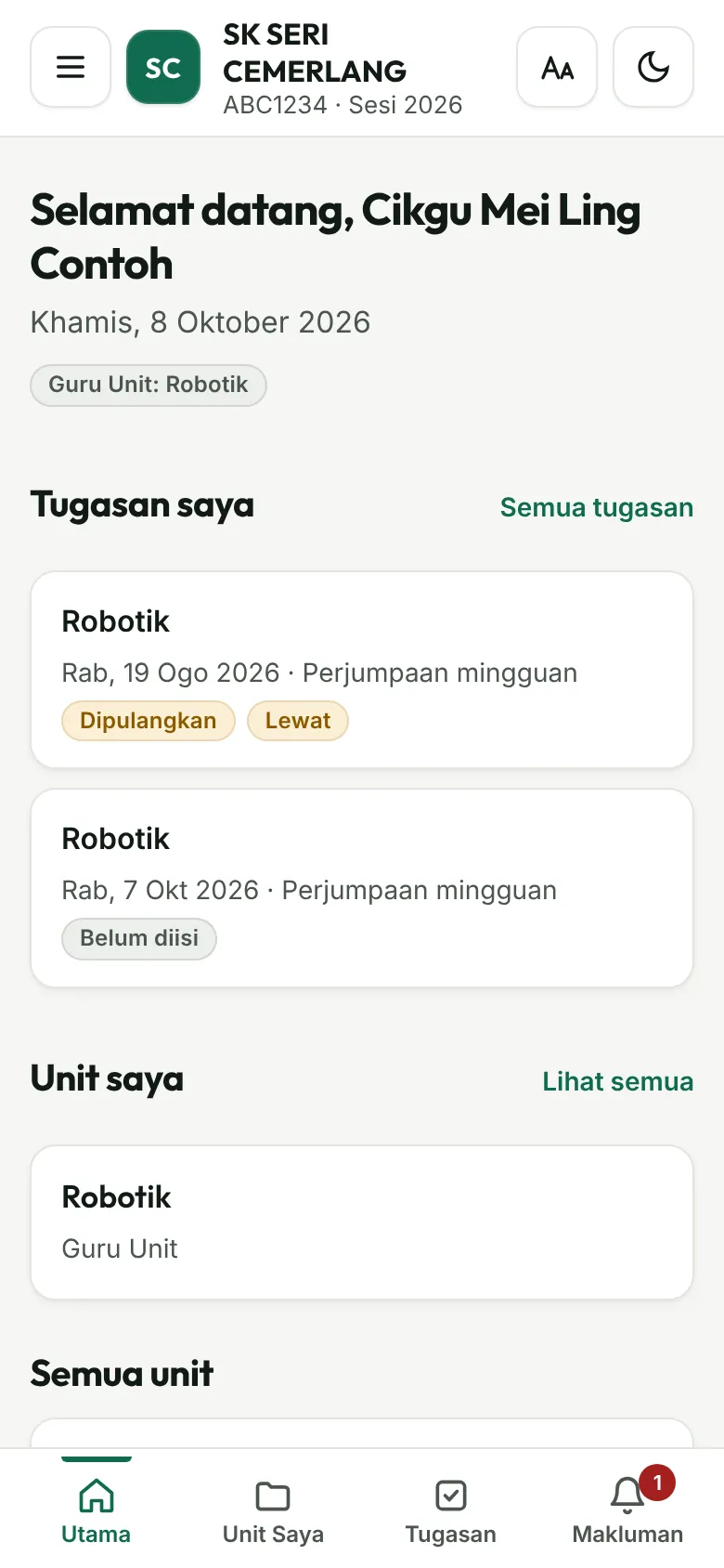 Halaman Utama guru di telefon menunjukkan Tugasan saya